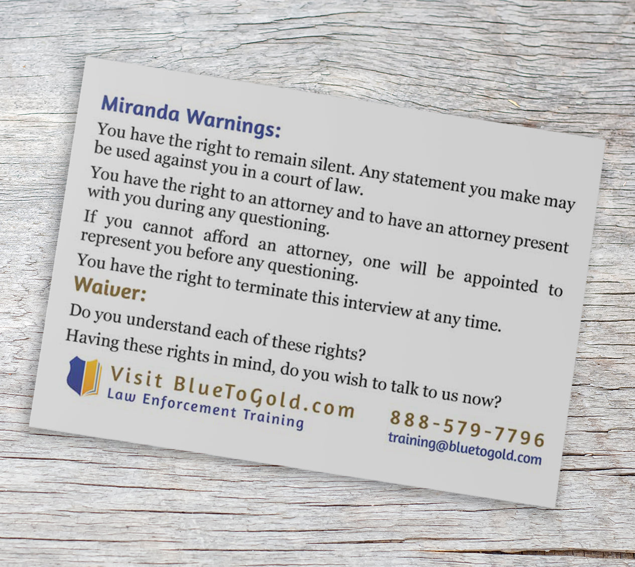 English and Spanish Miranda Pocket Card FREE SHIPPING!