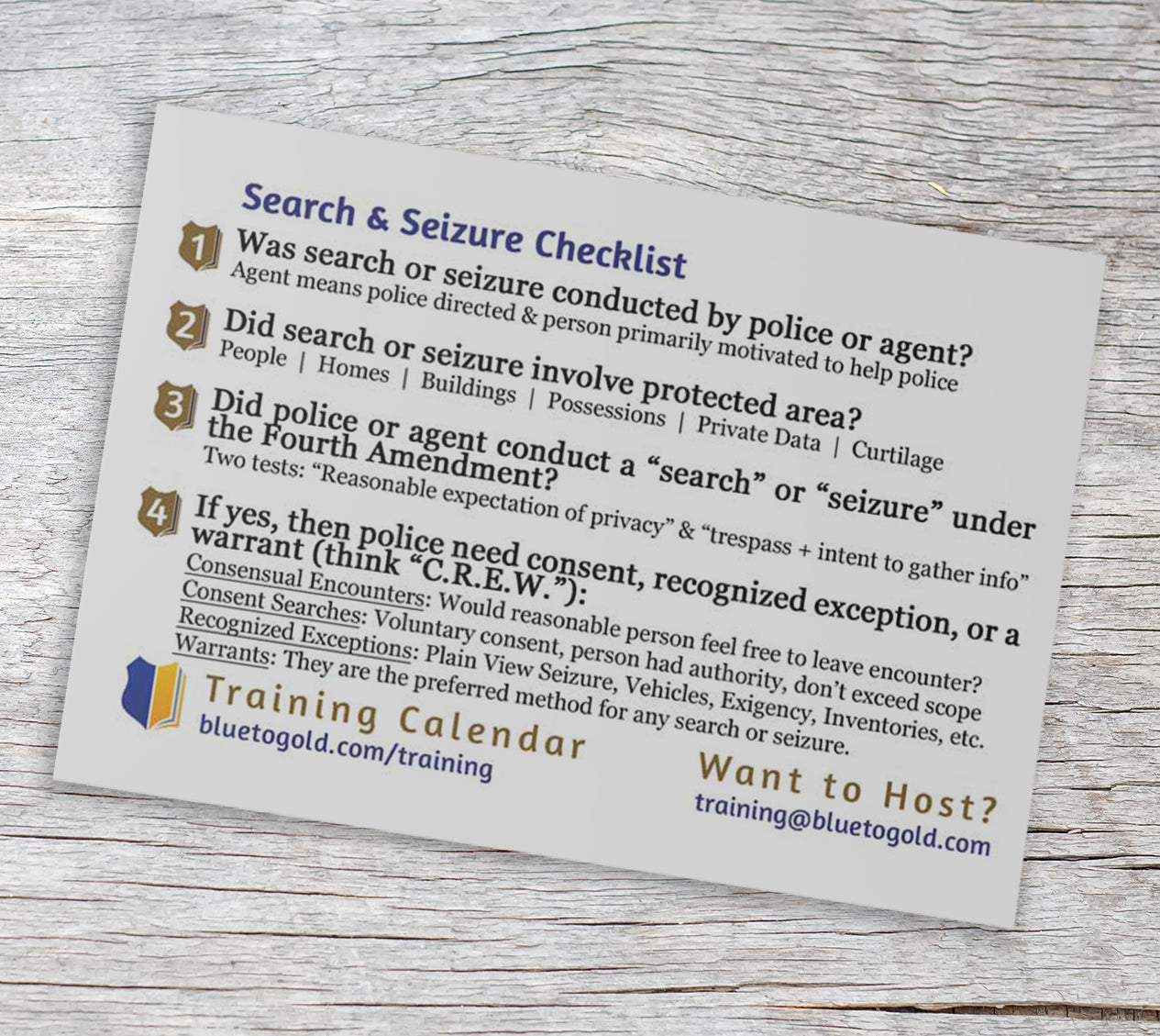Miranda and 4th Amendment Checklist Pocket Card FREE SHIPPING!